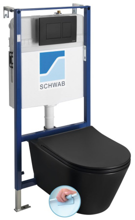 AVVA závesné WC Rimless s podomietkovou nádržkou a tlačidlom Schwab, čierna mat