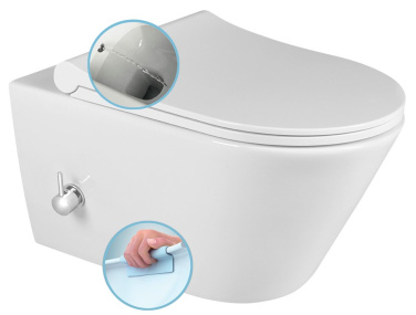 AVVA CLEANWASH závesná WC misa, integrovaná batéria a bidetová sprška, Rimless, 35,5x53cm, biela