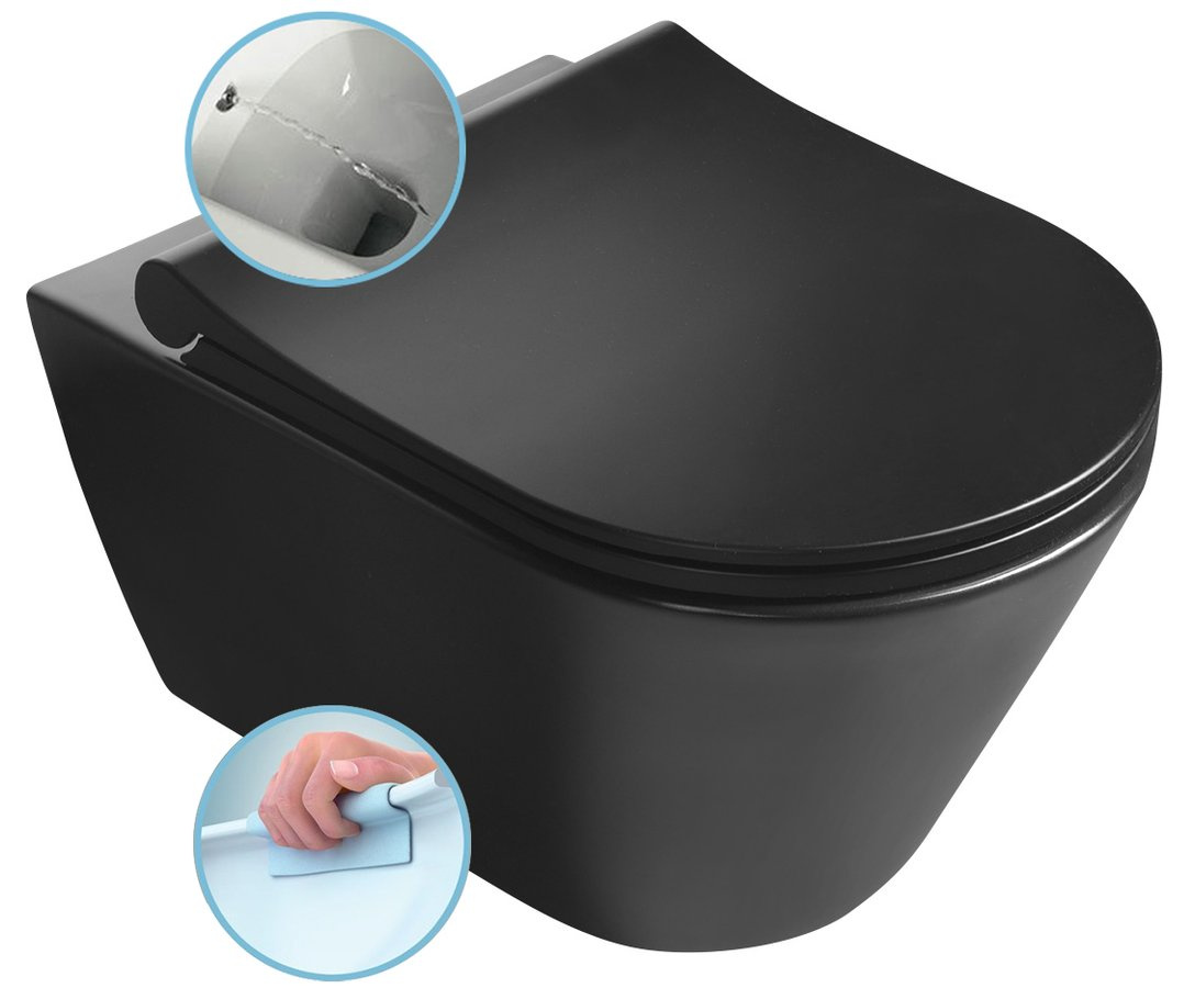 AVVA CLEANWASH závesná WC misa s bidet. spŕškou, Rimless, 35,5x53cm, čierna mat