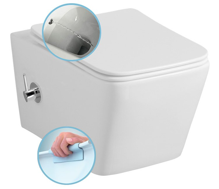 PORTO CLEANWASH závesná WC misa Rimless, integrovaná batéria a bidetová spŕška 36x52cm, biela