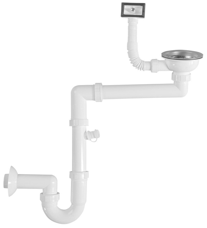 Úsporný drezový sifón 1"1/2 s prepadom a odbočkou, vrátane pilety, odpad DN40, biela