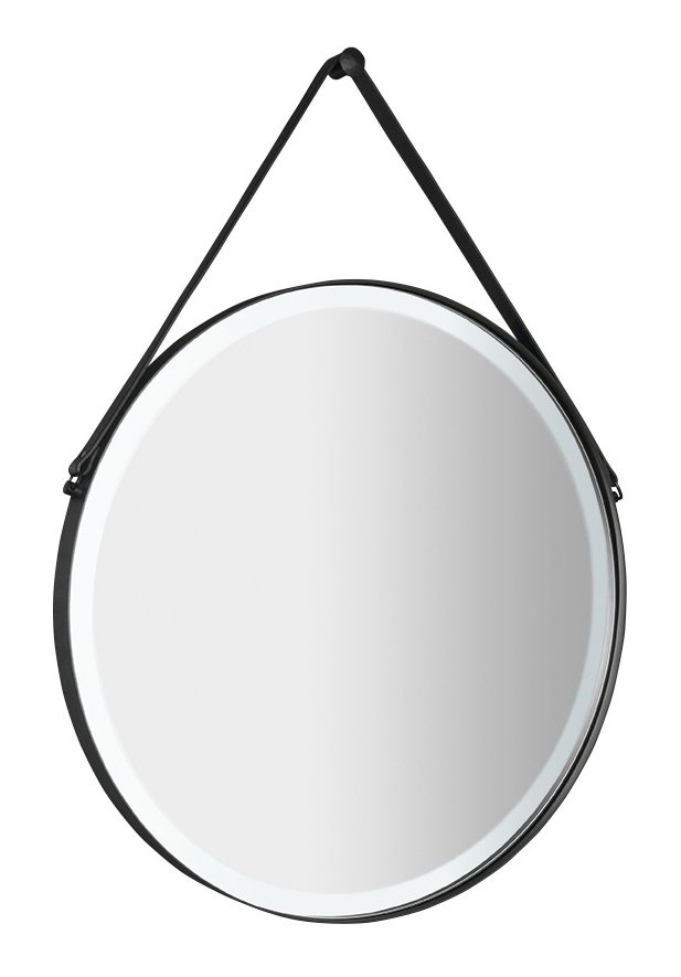 ORBITER guľaté zrkadlo s LED osvetlením, kožený popruh, ø 60cm, čierna mat